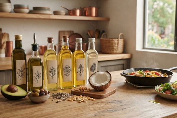 Mesa de cocina mostrando distintos tipos de aceites para cocinar
