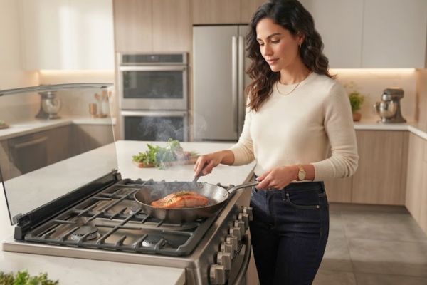 criterios para elegir una cocina a gas Mujer cocinando en una estufa a gas en una cocina moderna