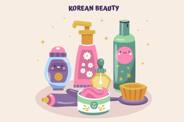 ingredientes estrella skincare coreano Ilustración que muestra productos de skincare producto y sus ingredientes estrella