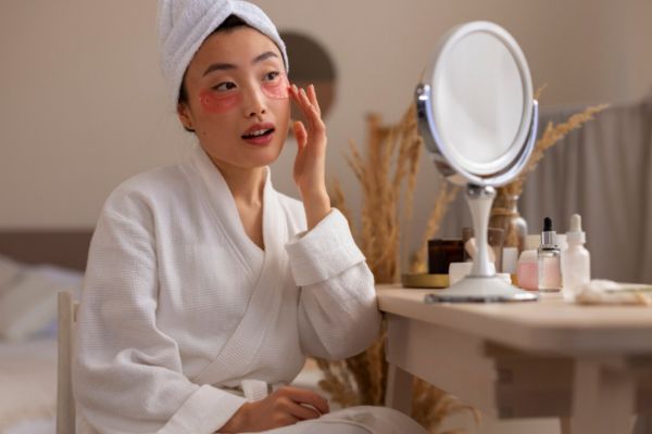 que es el skincare coreano Mujer en su tocador con todos los productos necesarios para su rutina de skincare coreano