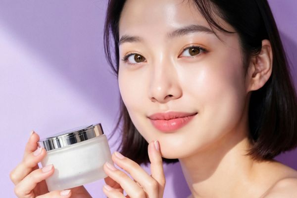 tipo de piel skincare coreano Mujer coreana mostrando una crema adecuada a su tipo de piel